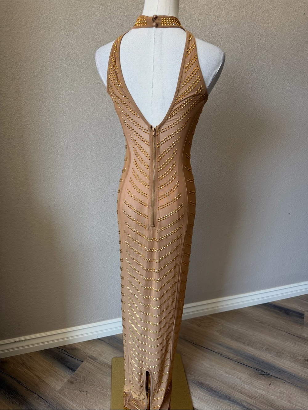 NWOT Gold Halter Maxi Dress with Bead Detailing, See Through, Small - Picture 4 of 8